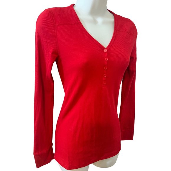 Red Thermal Waffle V-Neck Knit Long Sleeve Top Size Small - Picture 3 of 5